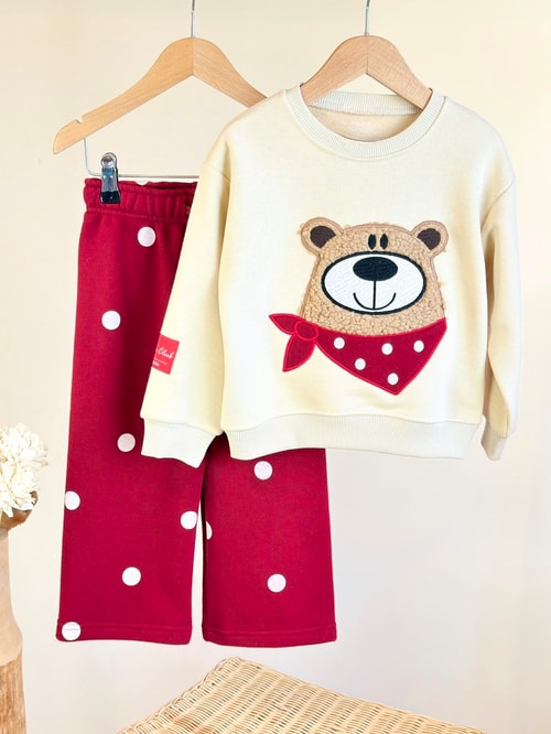 Çocuk Ayıcık Nakışlı Ekru Sweatshirt ve Kırmızı Puantiyeli Eşofman Takımı