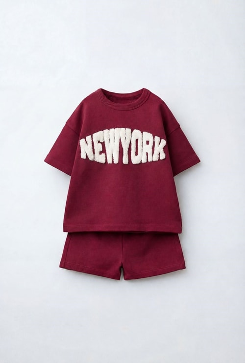 Çocuk Pamuklu Bordo New York Yazı Aplikeli T-shirt Şort Takım
