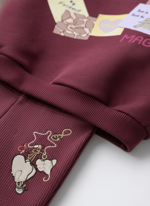 Kız Çocuk Pamuklu Bordo Kalpli Magu Baskılı Sweatshirt Eşofman Takım