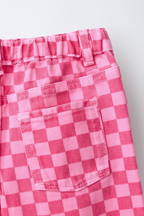Kız Çocuk Pamuklu Pembe Kare Desenli Pantolon