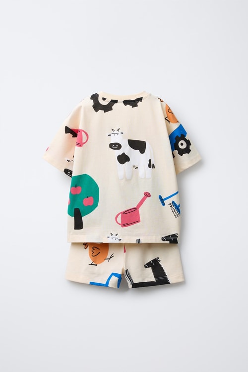 Unisex Çocuk Pamuklu Krem Çiftlik Desenli T-Shirt Şort Takım - Eğlenceli Yazlık Set