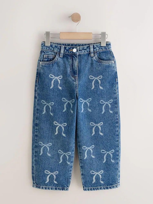 Kız Çocuk Mavi Denim Fiyonk Desenli Pantolon