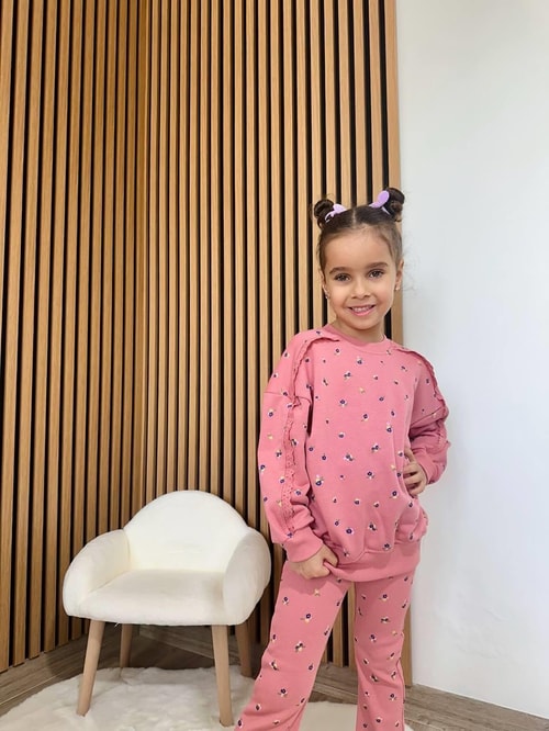 Kız Çocuk Pamuklu Gül Kurusu Mini Çiçek Desenli Sweatshirt & Flare Eşofman Takım