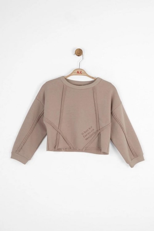 Kız Çocuk Pamuklu Bej Dikiş Detaylı Crop Sweatshirt