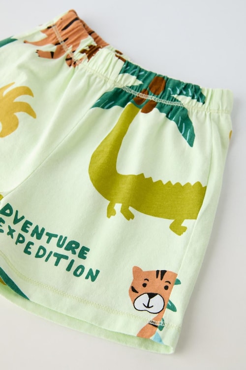 Erkek Çocuk Pamuklu Açık Yeşil Safari Temalı Hayvan Baskılı Yazlık T-shirt ve Şort Takım