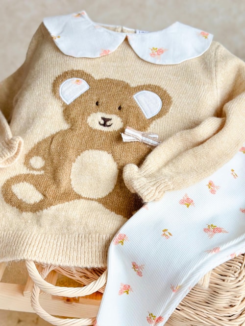 Triko Teddy Desenli Bebe Yaka Kazak Tayt Kız Çocuk Alt-Üst Takım