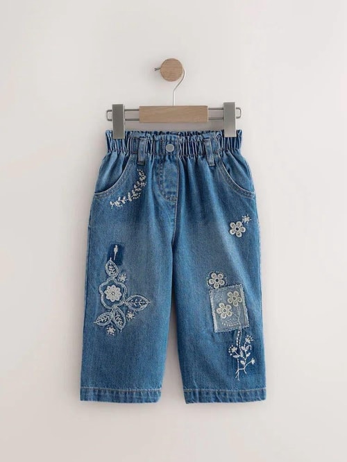 Kız Çocuk Nakışlı Kot Pantolon – Elastik Belli, Çiçek Detaylı Denim Alt