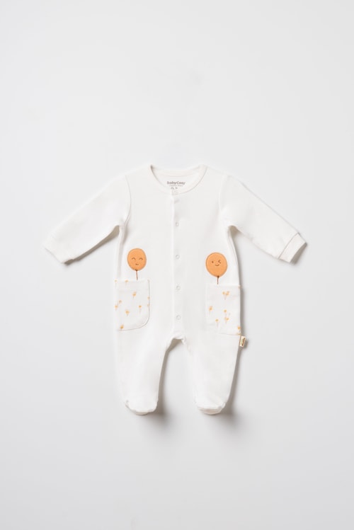 Unisex Bebek Pamuklu Ekru 2li Patikli Tulum Seti - Desenli ve Cepli