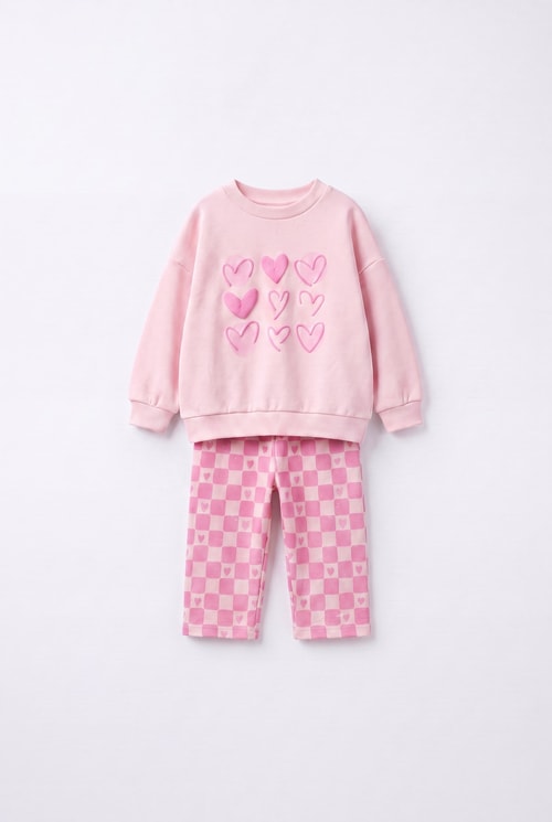 Kız Çocuk Kalp Baskılı Pembe Sweatshirt ve Kare Desenli Eşofman Takımı