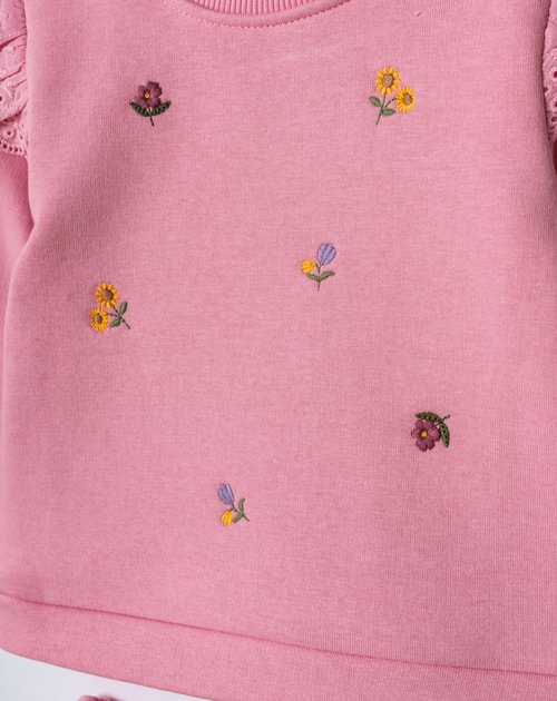 Kız Çocuk Pamuklu Pembe Çiçek Nakışlı Dantel Detaylı Sweatshirt ve Eşofman Takım