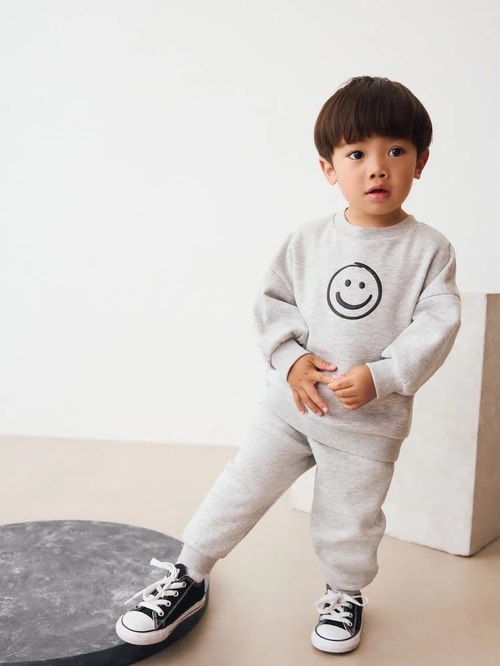 Çocuk Pamuklu Baskılı Gri Sweatshirt ve Eşofman Altı Takımı