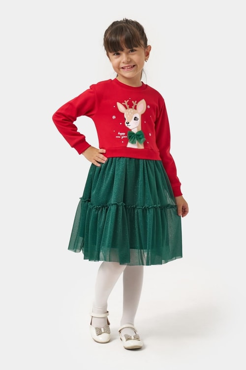 Kız Çocuk Pamuklu Kırmızı Geyik Desenli Sweatshirt ve Yeşil Tül Etek Takımı - Yılbaşı Konseptli