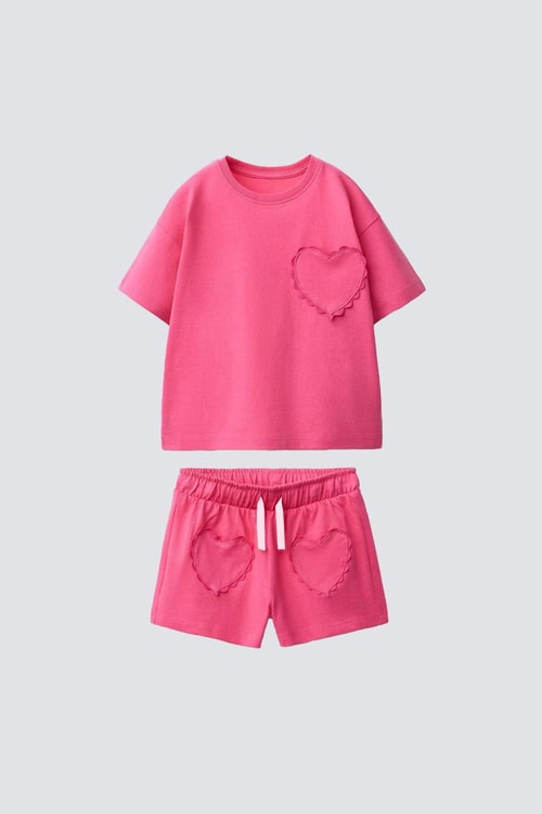 Kız Çocuk Pamuklu Pembe Kalp Cepli T-shirt Şort Takım