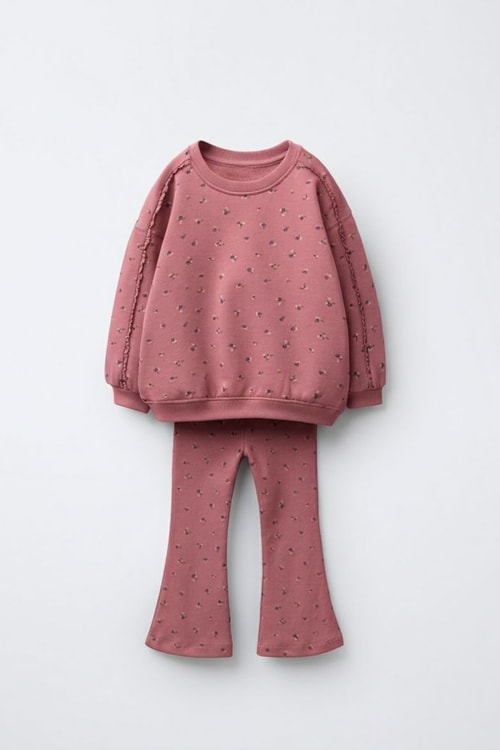 Kız Çocuk Pamuklu Gül Kurusu Mini Çiçek Desenli Sweatshirt & Flare Eşofman Takım