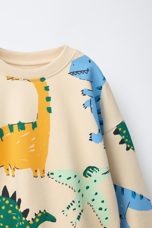 Çocuk Dinozor Desenli Bej Sweatshirt ve Eşofman Altı Takımı