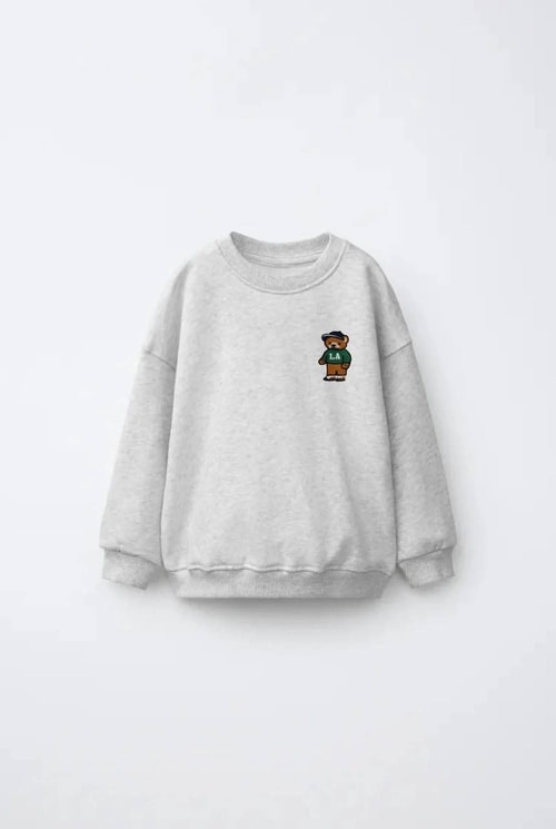Çocuk Pamuklu Ayıcık Nakışlı Açık Gri Sweatshirt