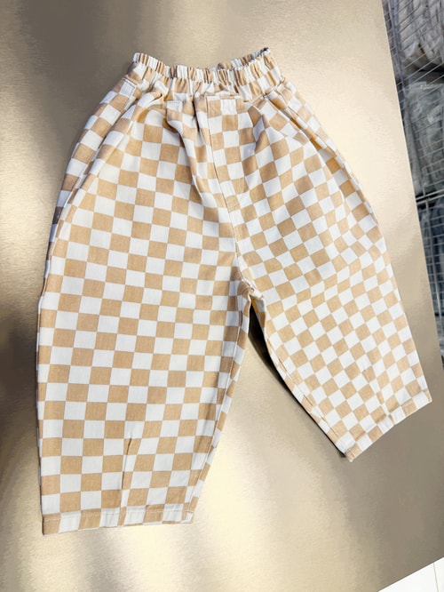 Çocuk Pamuklu Bej Dama Desenli Oversize Pantolon