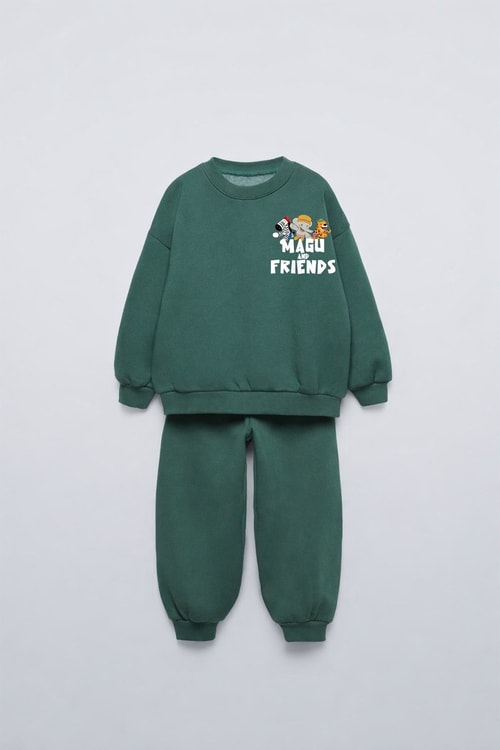 Çocuk Pamuklu Magu Friends Baskılı Yeşil Sweatshirt ve Eşofman Altı Takımı