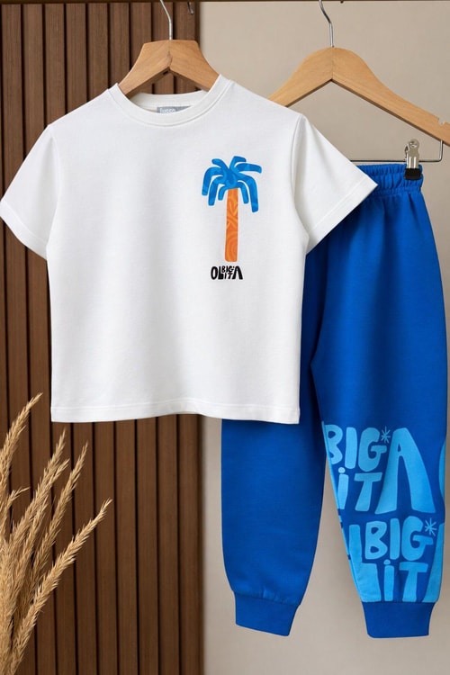 Erkek Çocuk Pamuklu Beyaz Baskılı T-Shirt ve Mavi Eşofman Altı 2li Takım