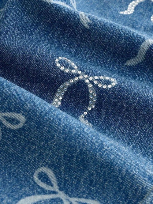 Kız Çocuk Mavi Denim Fiyonk Desenli Pantolon
