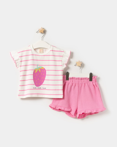 Kız Çocuk Pamuklu Pembe Çilek Desenli T-shirt ve Şort Takım