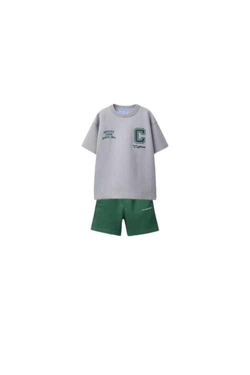 Erkek Çocuk Pamuklu Gri Baskılı T-Shirt ve Yeşil Şort Takım - Kolej Temalı