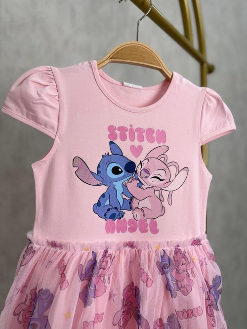 Kız Çocuk Pamuklu Pembe Stitch ve Angel Baskılı Tül Etekli Elbise