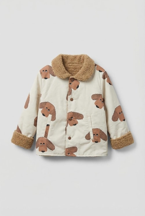 Unisex Çocuk Pamuklu Krem Köpek Desenli Peluş Yaka Ceket
