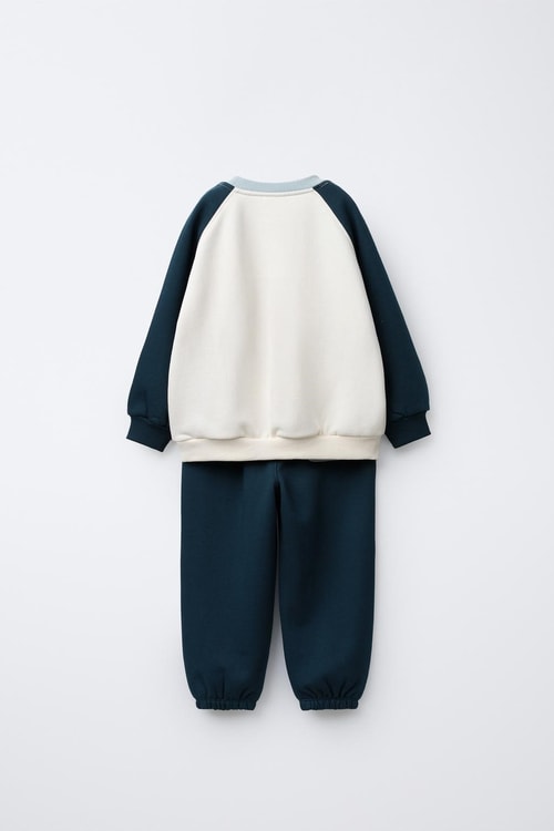 Çocuk Pamuklu Ayıcık Nakışlı Ekru Siyah Sweatshirt ve Eşofman Altı Takımı