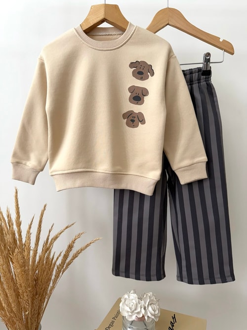 Çocuk Pamuklu Köpek Baskılı Bej Sweatshirt ve Çizgili Eşofman Takımı