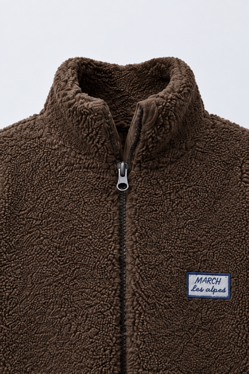 Çocuk Kahverengi Peluş Kayak Nakışlı Fermuarlı Mont