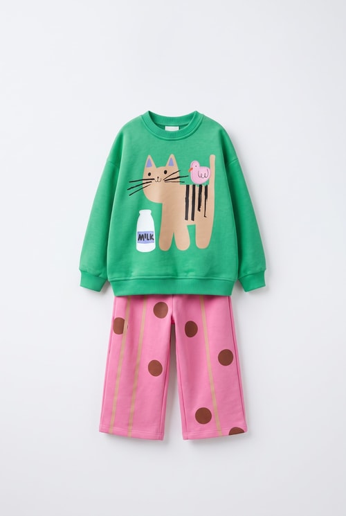 Çocuk Pamuklu Kedi Baskılı Yeşil Sweatshirt ve Puantiyeli Pembe Eşofman Takımı