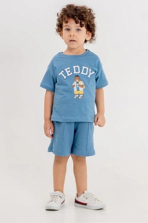 Erkek Çocuk Pamuklu Mavi Teddy Baskılı T-shirt Şort Takım
