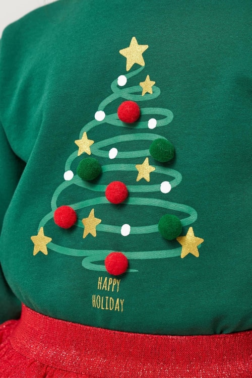 Kız Çocuk Pamuklu Yeşil Yılbaşı Ağaç Baskılı Uzun Kollu Kırmızı Tüllü Takım - Happy Holidays Temalı