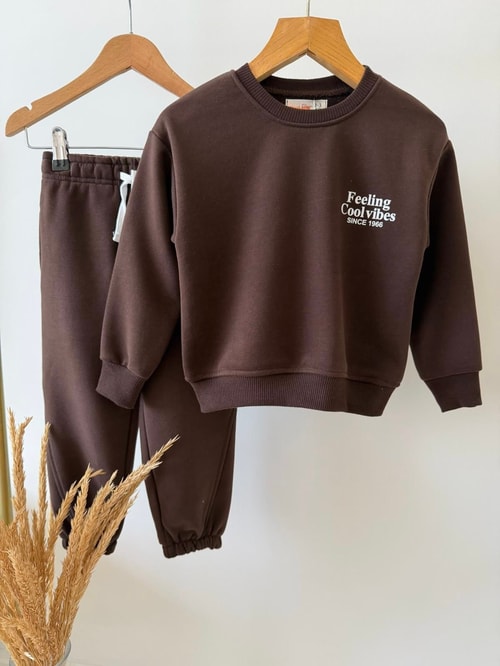 Çocuk Cool Vibes Baskılı Kahverengi Sweatshirt ve Eşofman Altı Takımı