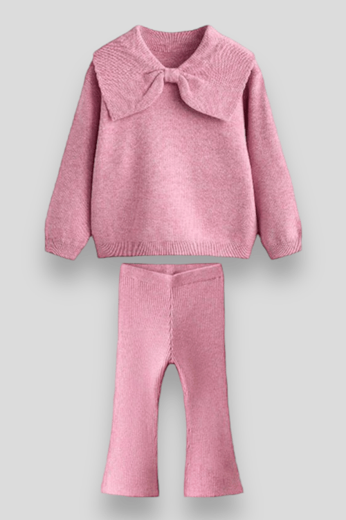 Triko Fiyonk Desenli Kışlık Pamuklu Sweatshirt Tayt Alt-Üst Takım Kız Çocuk 