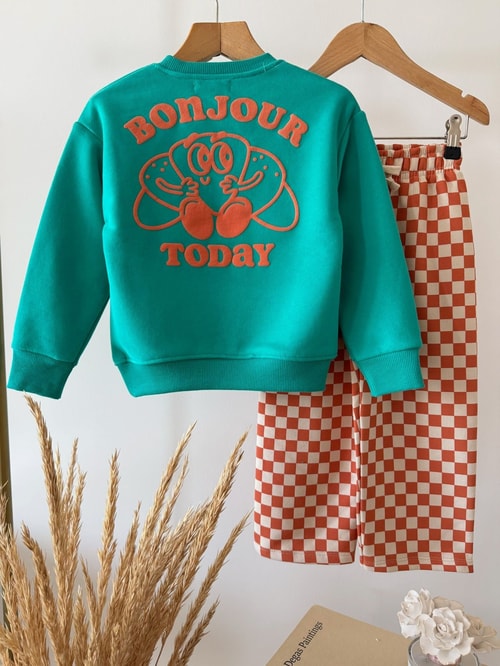 Çocuk Bonjour Baskılı Turkuaz Sweatshirt ve Turuncu Dama Eşofman Takımı