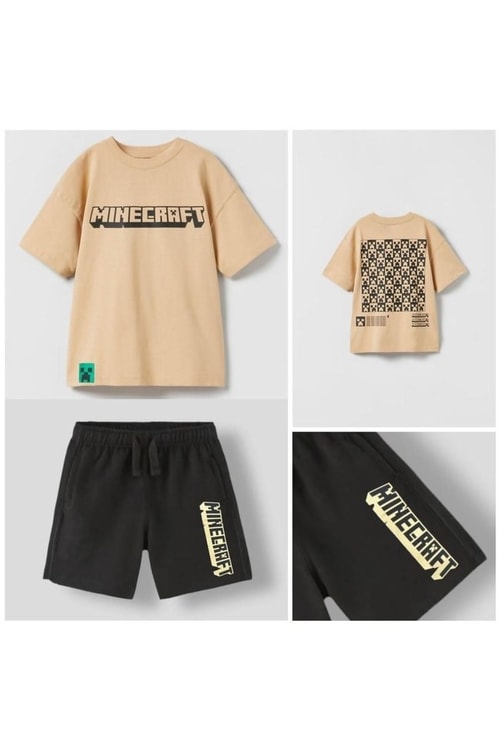 Erkek Çocuk Pamuklu Bej Piksel Oyun Temalı T-Shirt Şort Takım
