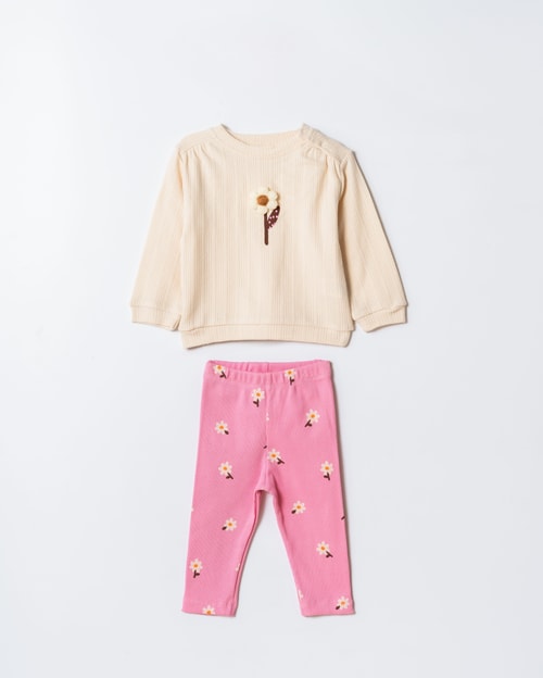Kız Çocuk Pamuklu Krem Sweatshirt ve Pembe Çiçek Desenli Tayt İkili Takım