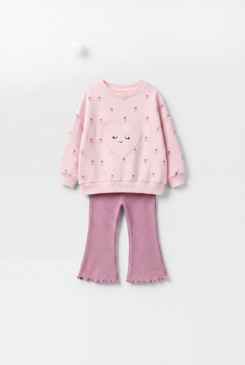 Kız Çocuk Kalp Detaylı Pembe Sweatshirt ve İspanyol Paça Tayt Takımı