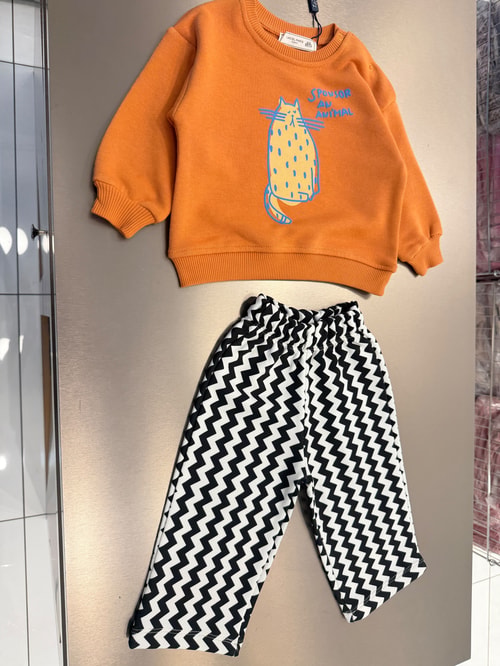  Çocuk Pamuklu Kedi Baskılı Turuncu Sweatshirt ve Eşofman Takımı