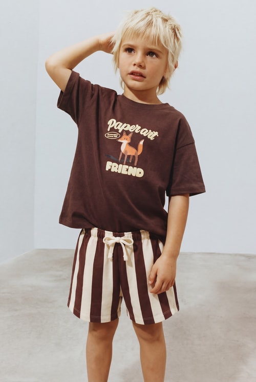 Unisex Çocuk Pamuklu Kahverengi Tilki Baskılı T-Shirt Şort Takım