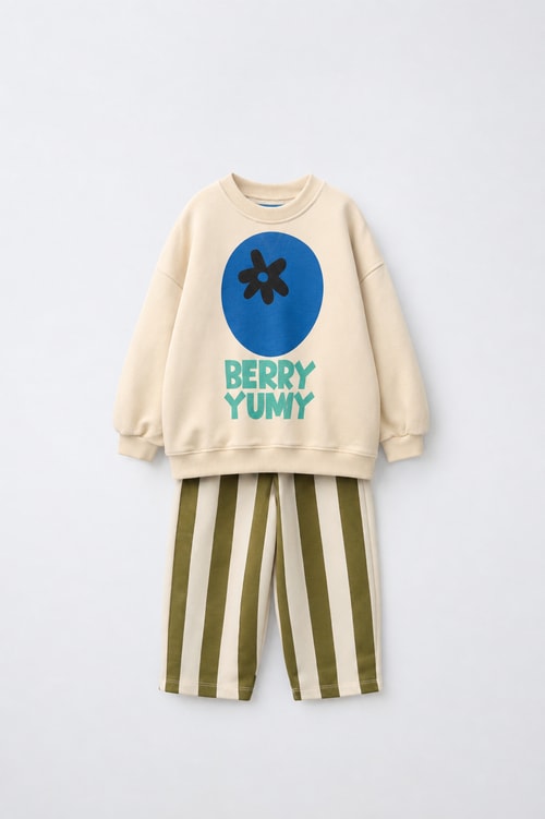 Çocuk Yaban Mersini Baskılı Ekru Sweatshirt ve Yeşil Çizgili Eşofman Takımı
