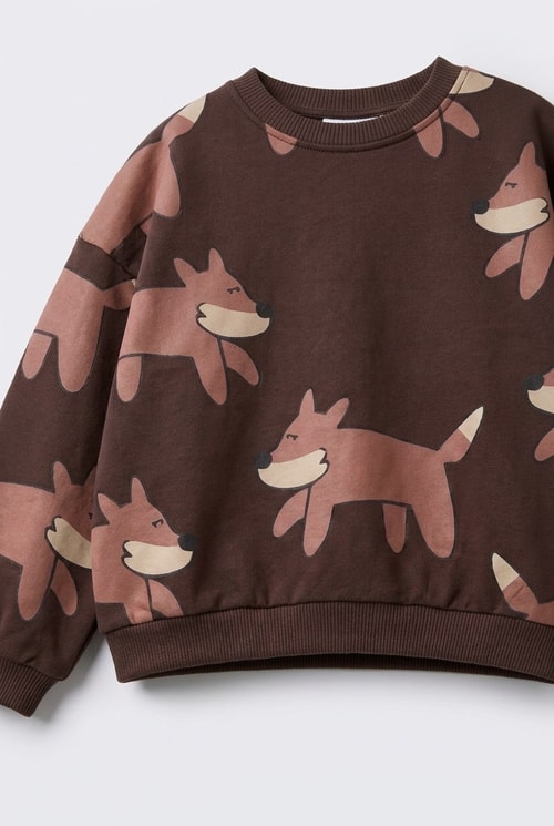 Çocuk Pamuklu Tilki Desenli Kahverengi Sweatshirt ve Eşofman Altı Takımı