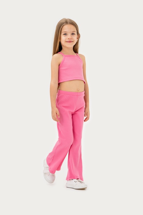 Kız Çocuk Pamuklu Pembe Ribana Askılı Crop ve Bol Paça Pantolon 2li Takım