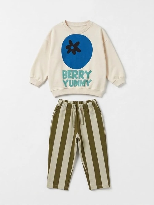 Çocuk Yaban Mersini Baskılı Ekru Sweatshirt ve Yeşil Çizgili Eşofman Takımı