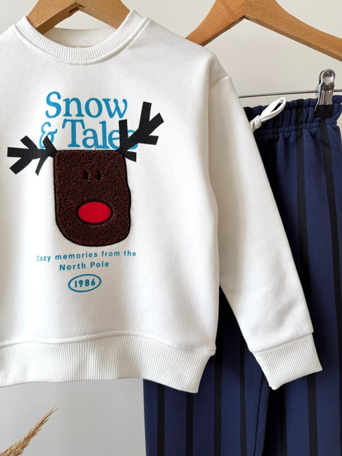 Erkek Çocuk Pamuklu Geyik Aplikeli Sweatshirt ve Çizgili Eşofman Takımı