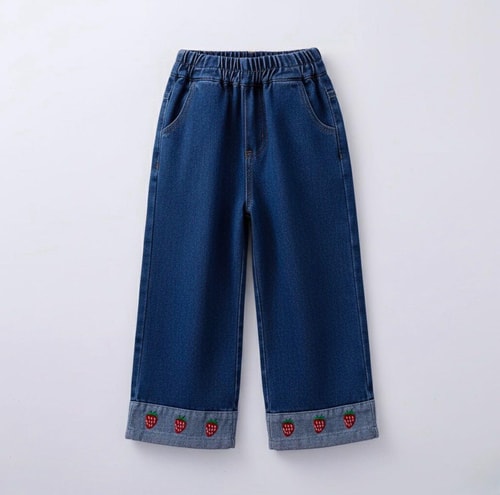 Kız Çocuk Pamuklu Mavi Çilek Nakışlı Jean Pantolon - Lastik Belli Bol Paça Model