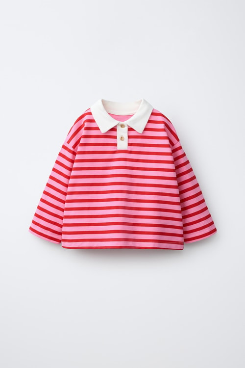 Kız Çocuk Pamuklu Polo Yaka Pembe Çizgili Sweatshirt