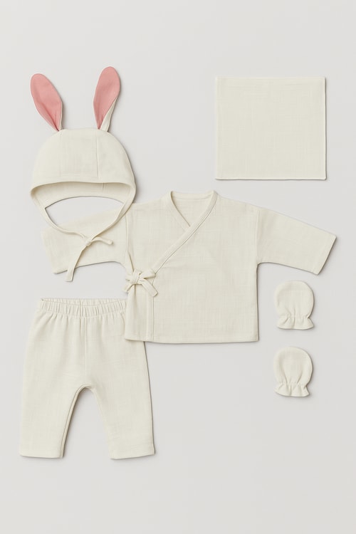 Unisex Bebek Pamuklu Ekru Tavşan Kulaklı 5 Parça Hastane Çıkışı Takımı